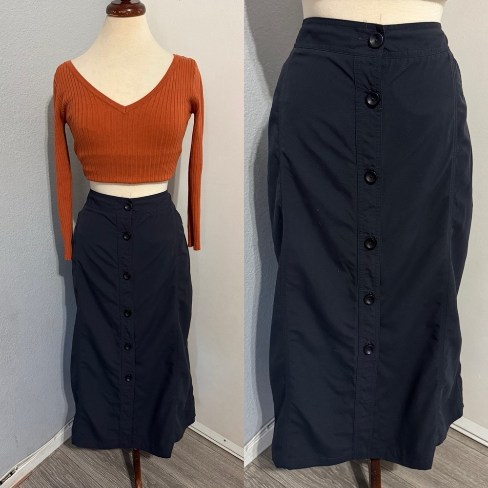 Tilley Women Bohemian Navy Blue Button-Down Midi Skirt Size 14 with Pockets